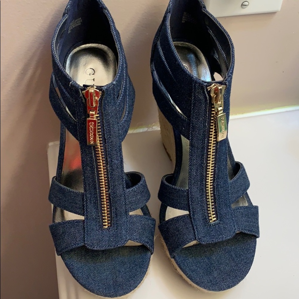 Guess Dark Blue Denim Wedge Sandals with Gold Zippers